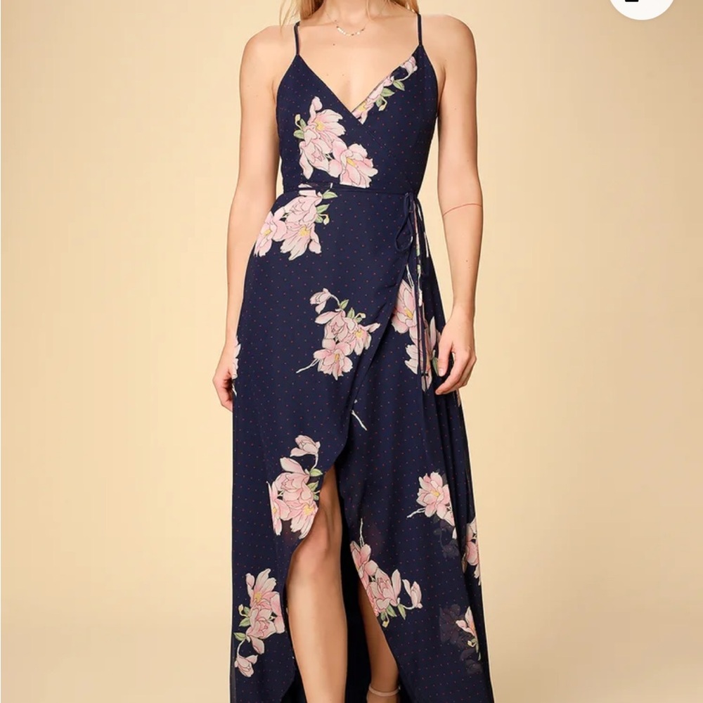 Lulus Loiselle Navy Blue Floral Print Polka Dot Wrap Maxi Dress NWT